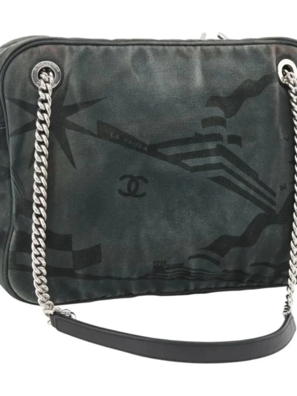 CHANEL Chain Shoulder Bag Canvas Black Silver CC Auth bs33649